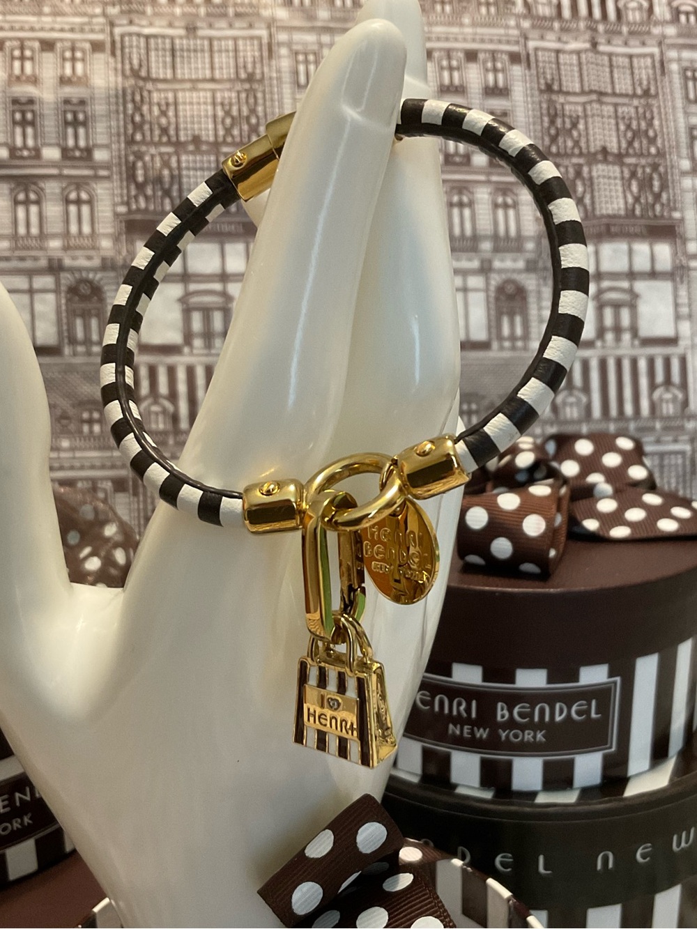 Henri Bendel Striped Magnetic Leather Bracelet w HB Charm + Shopping Bag Charm